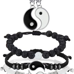 Yin Yang Friend Couple Bracelets with Necklace Set, Adjustable Waterproof Handmade Cord Relationship Bracelets